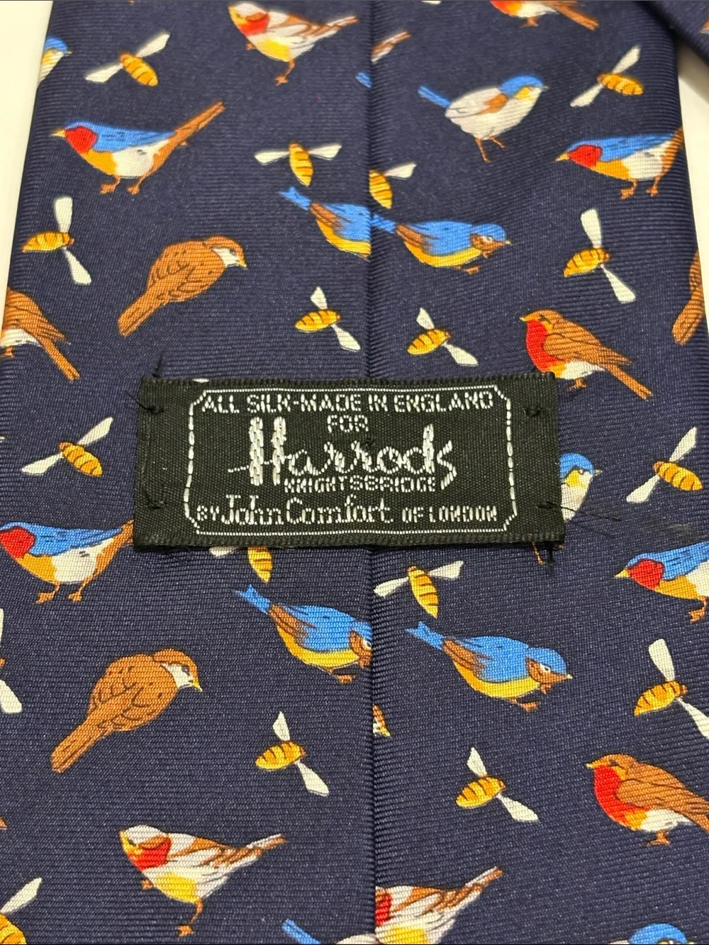 Harrods Navy Silk Tie with Colorful Songbirds and Bees